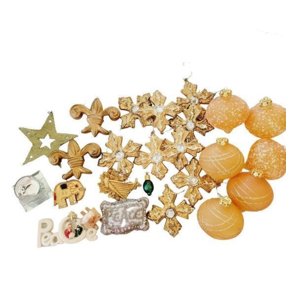 Christmas Ornament lot of 25 Ornaments gold wood metal